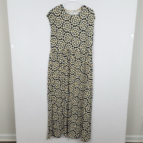 Boden Yellow Black Floral Midi Slip on Dress 100% cotton 14 Long - Picture 2 of 11
